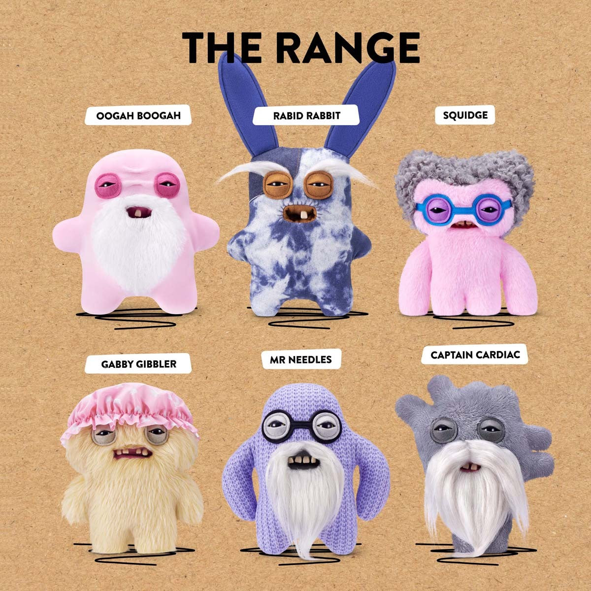 Set of 6 Fuggler Old Fogies plush with labels on a brown background