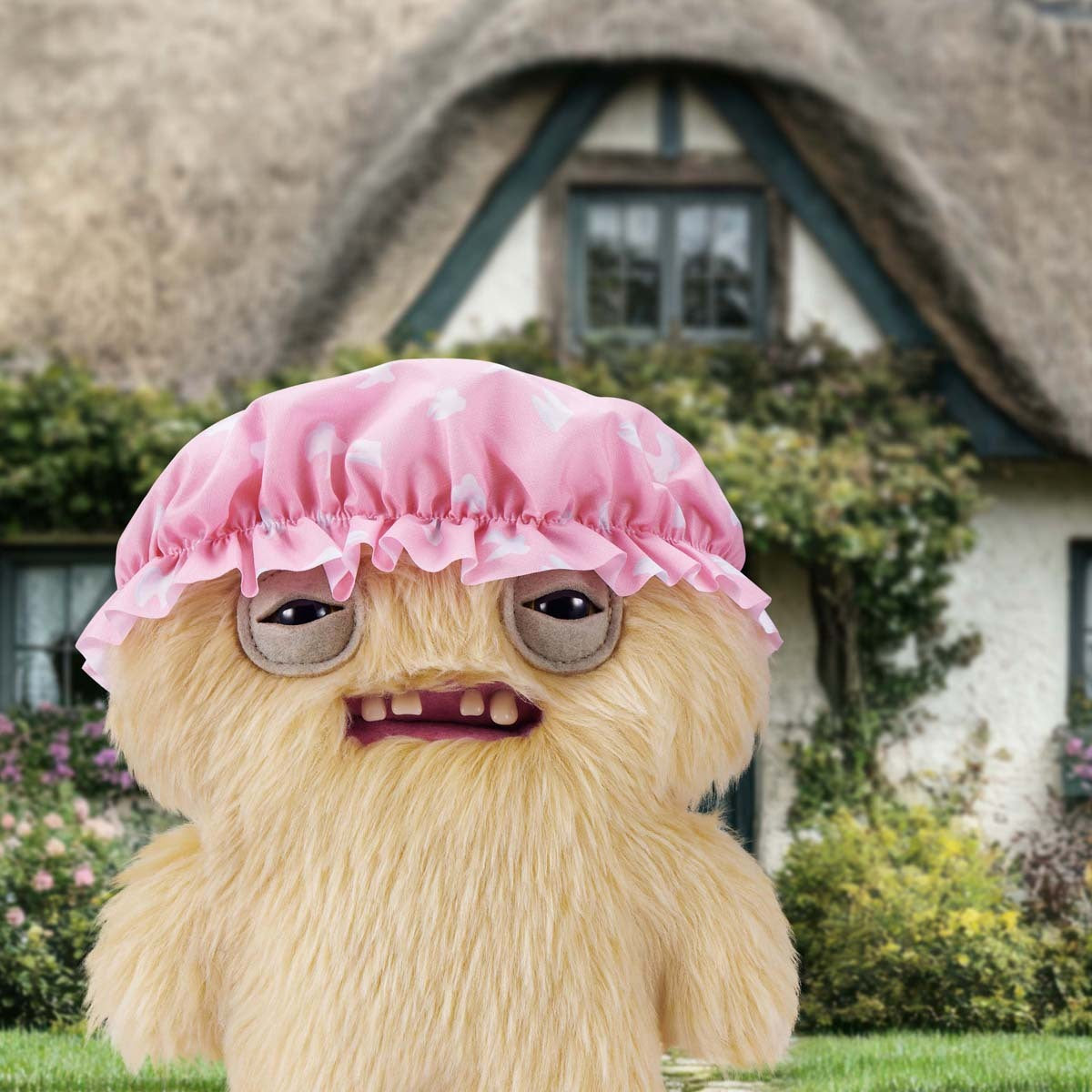 Fuggler Old Fogies Gabby Gibbler plush with a pink shower cap in front of a thatched-roof house.