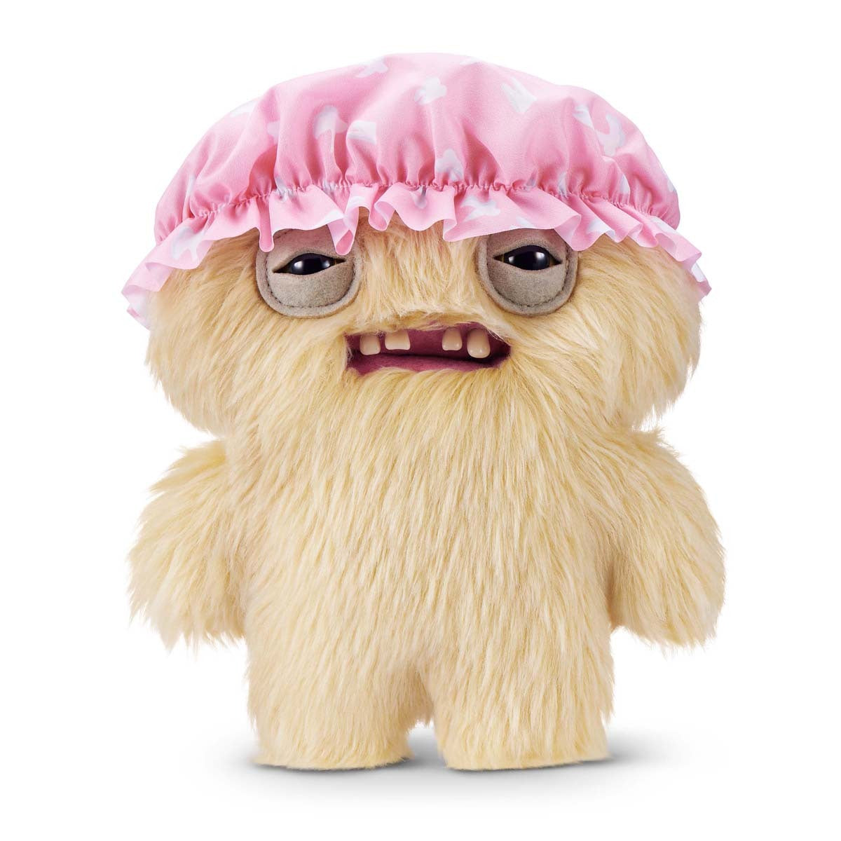Fuggler Old Fogies Gabby Gibbler plush, a cream monster toy wearing a pink shower cap with human-like teeth.