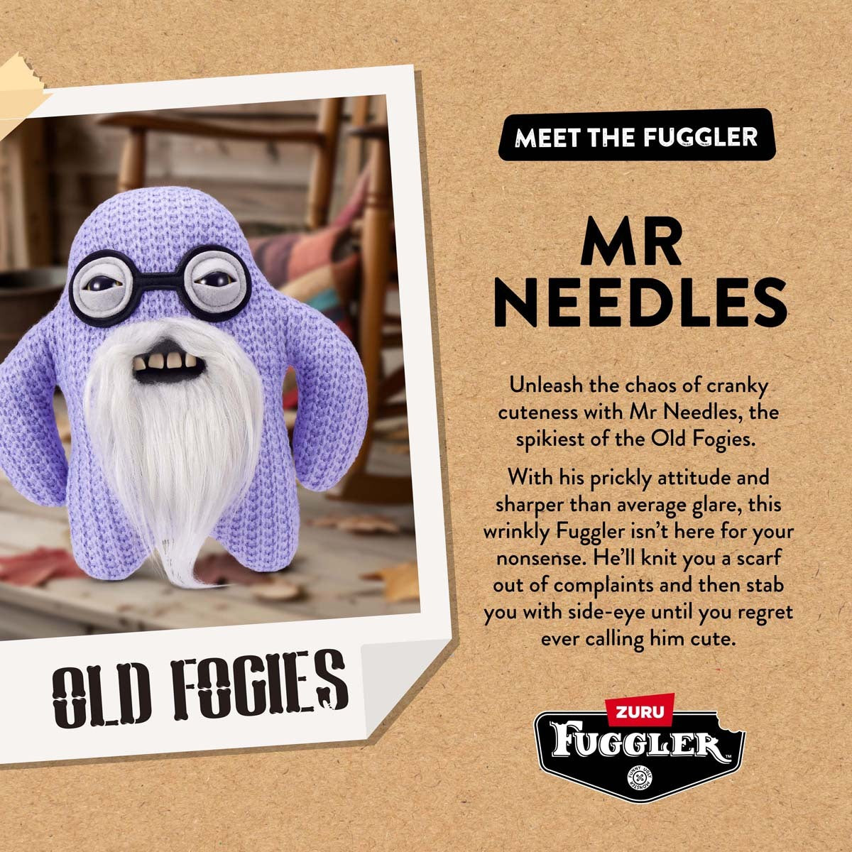 Knitted toy with glasses and a beard on a cardboard background with text about 'Mr Needles' from Old Fogies.