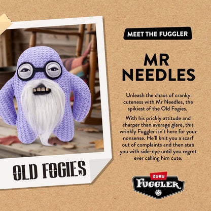 Knitted toy with glasses and a beard on a cardboard background with text about 'Mr Needles' from Old Fogies.