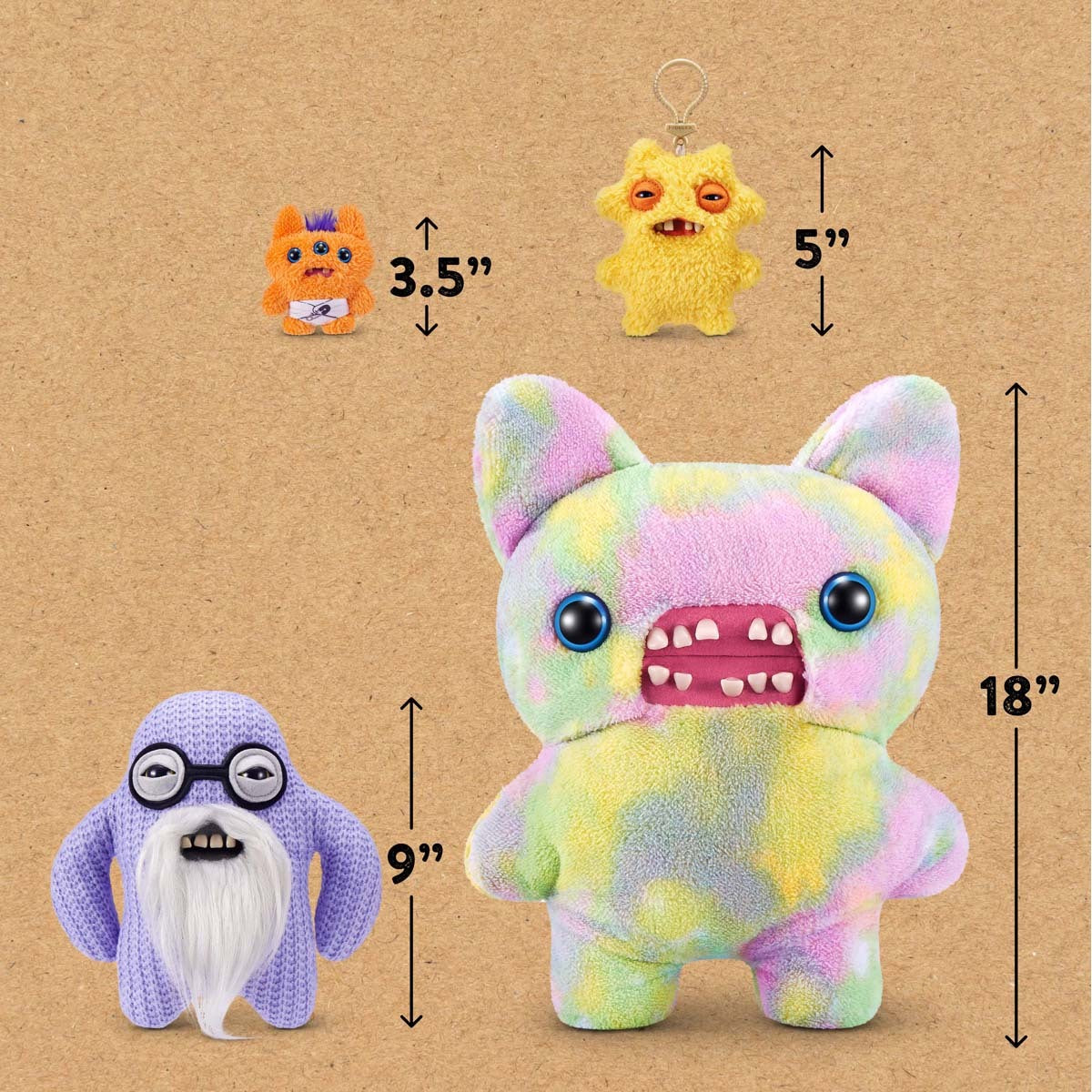 Four colorful plush toys with measurements on a brown background