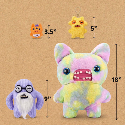 Four colorful plush toys with measurements on a brown background
