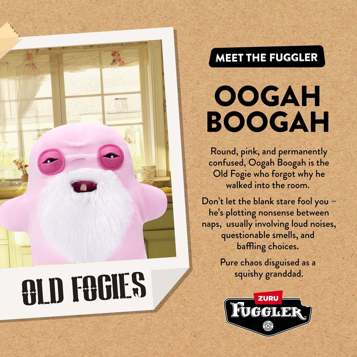 Advertisement for Oogah Boogah toy with text and branding on a cardboard background