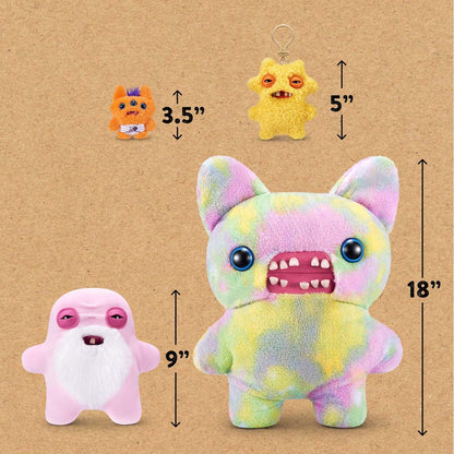 Four colorful plush toys with measurements on a brown background