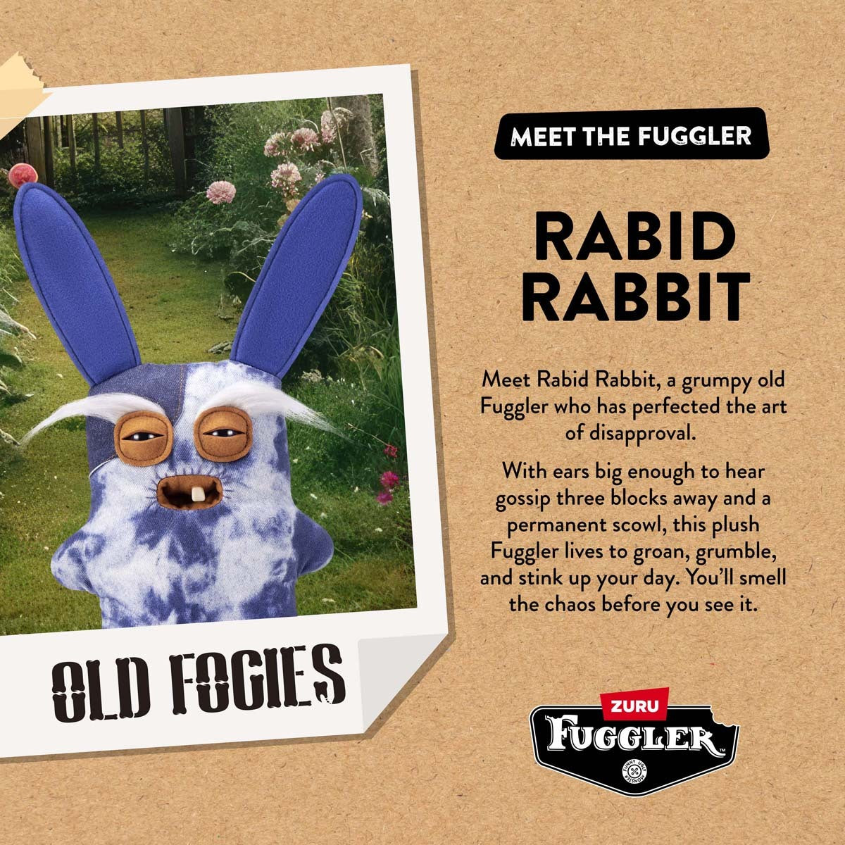 Advertisement for 'Rabid Rabbit' Fuggler plush toy with promotional text and branding.