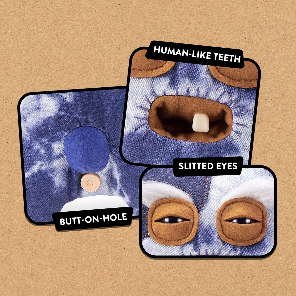 Close-up of Fuggler Old Fogies Rabid Rabbit plush with text labels on a brown background