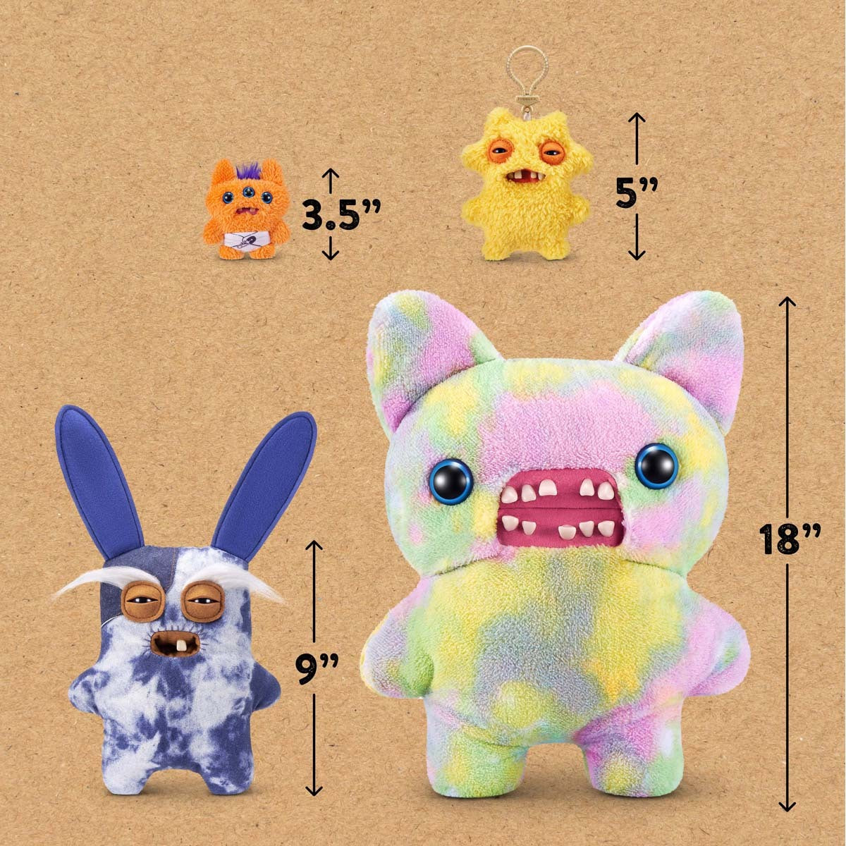Four colorful plush toys with measurements on a brown background