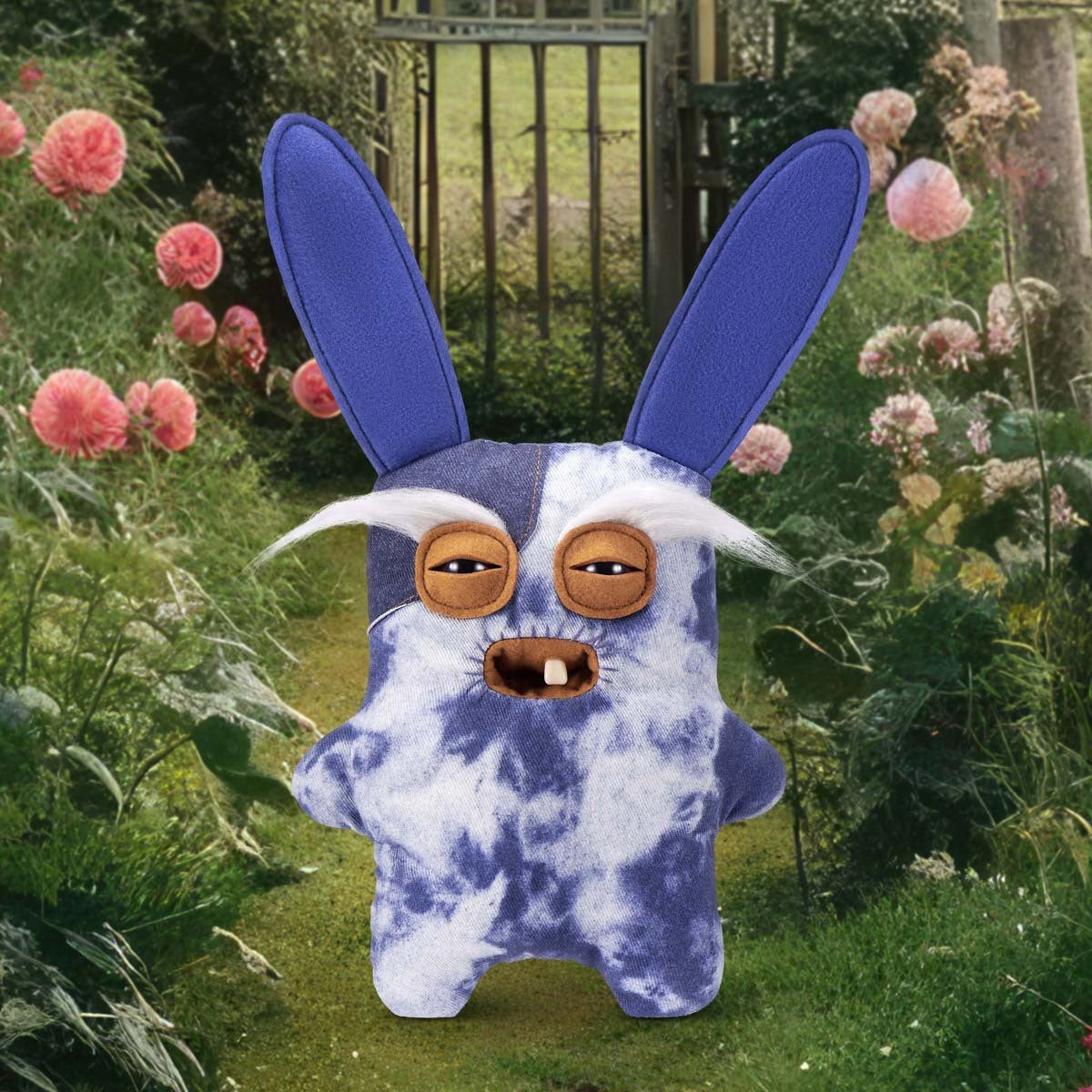 Fuggler Old Fogies Rabid Rabbit plush with blue and white pattern in a garden setting