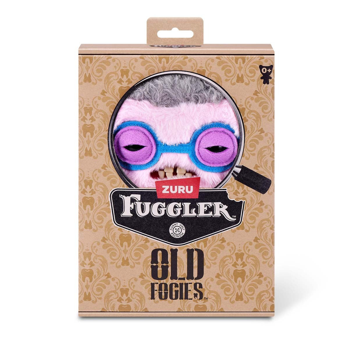Fuggler toy packaging with a Fuggler Old Fogies Squidge plush on a beige background