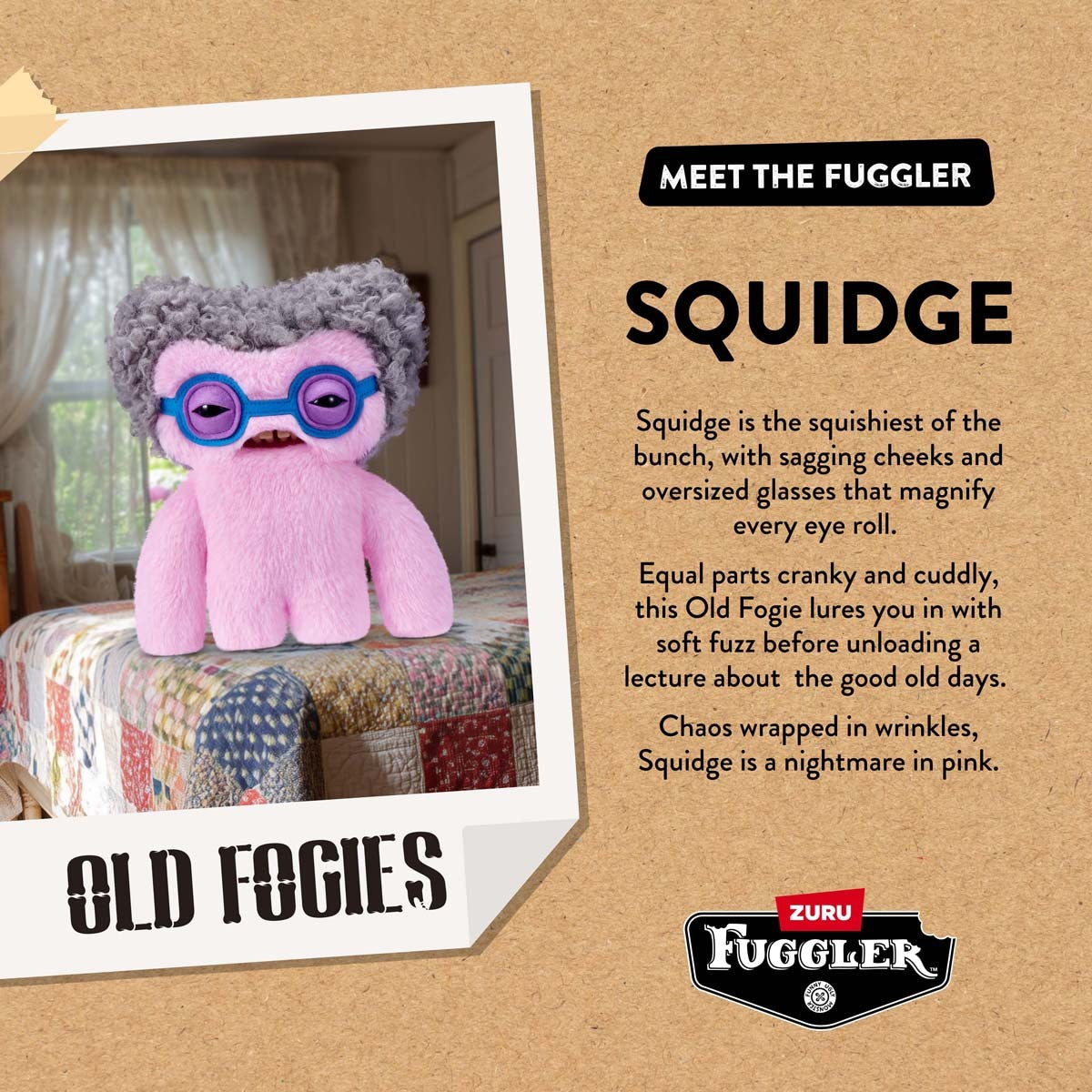 Pink plush toy with gray hair and glasses on a stand, labeled 'Squidge' from Old Fogies, with promotional text and Zuru Fuggler branding.