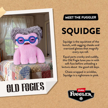 Pink plush toy with gray hair and glasses on a stand, labeled 'Squidge' from Old Fogies, with promotional text and Zuru Fuggler branding.