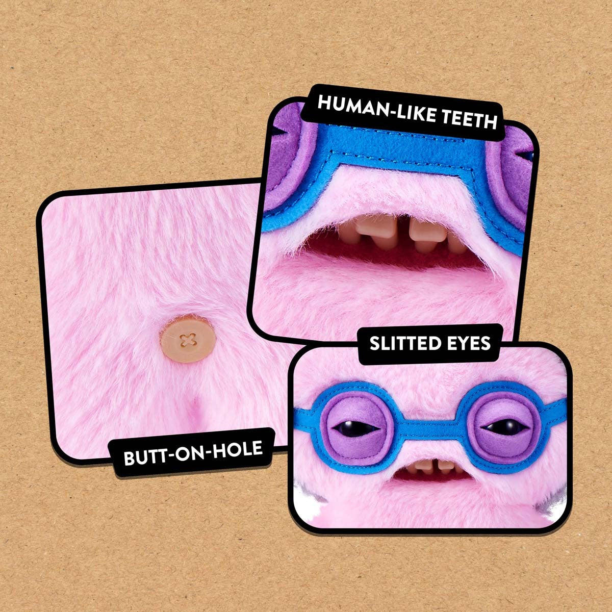 Close up features of Fuggler Old Fogies Squidge plush