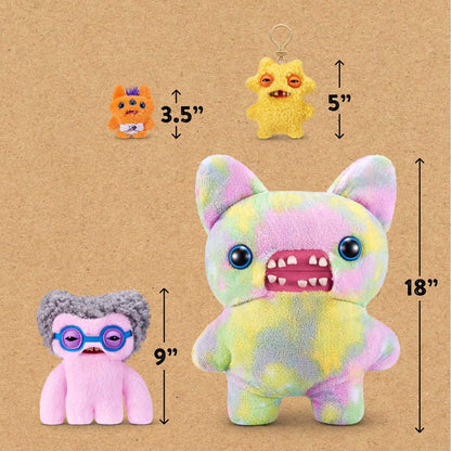 Four colorful plush toys with measurements on a brown background