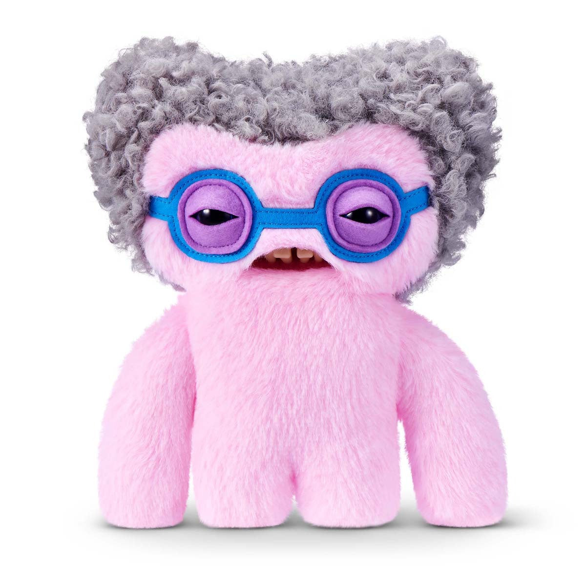 Fuggler Old Fogies Squidge plush, a pink monster toy with grey curly hair, blue glasses, and human-like teeth.