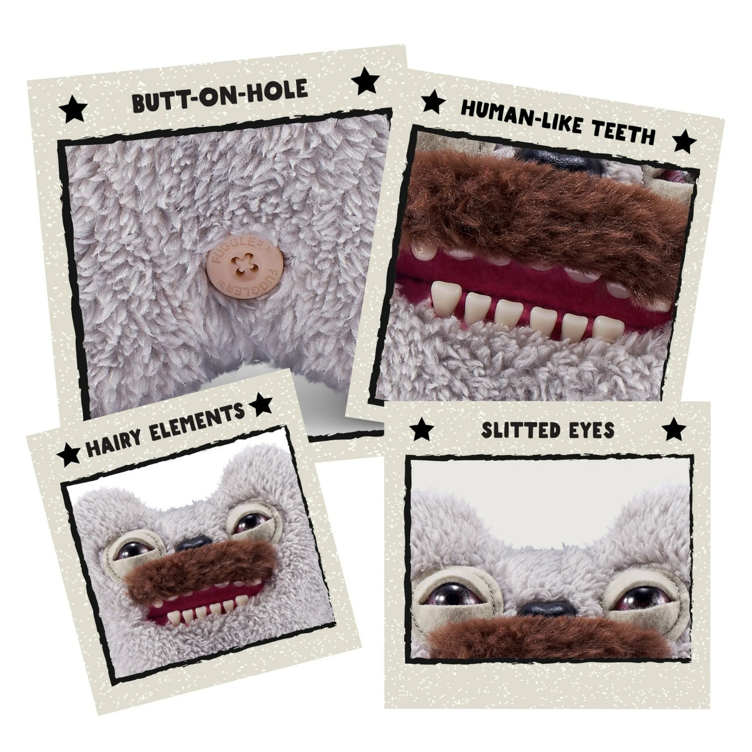 Hairy Fuggs Old Tooth Fuggler plush with grey fur and prominent moustache close up