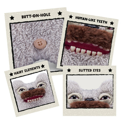 Hairy Fuggs Old Tooth Fuggler plush with grey fur and prominent moustache close up