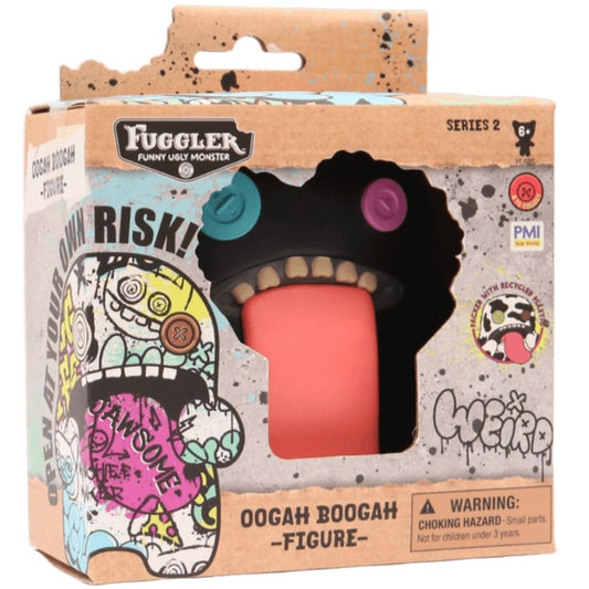 Fuggler Oogah Boogah 4.5-inch figure in Midnight black, featuring mismatched purple and blue button eyes and a giant pink tongue.