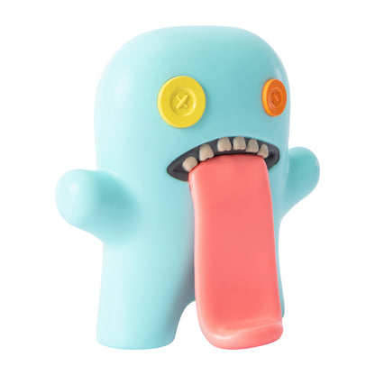 Fuggler Oogah Boogah 4.5-inch figure in Teal, featuring mismatched orange and yellow button eyes and a giant pink tongue.