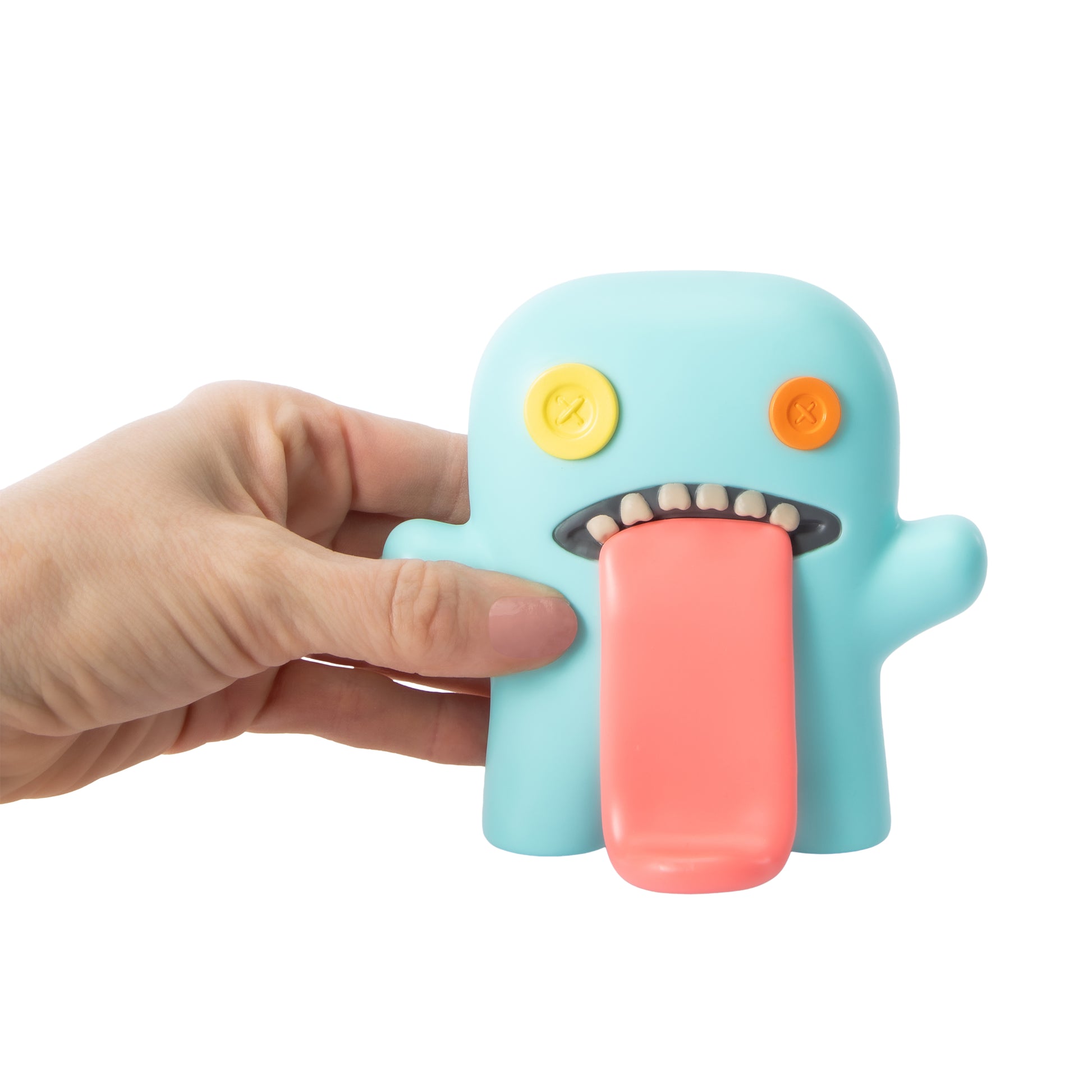 Fuggler Oogah Boogah 4.5-inch figure in Teal, featuring mismatched orange and yellow button eyes and a giant pink tongue.