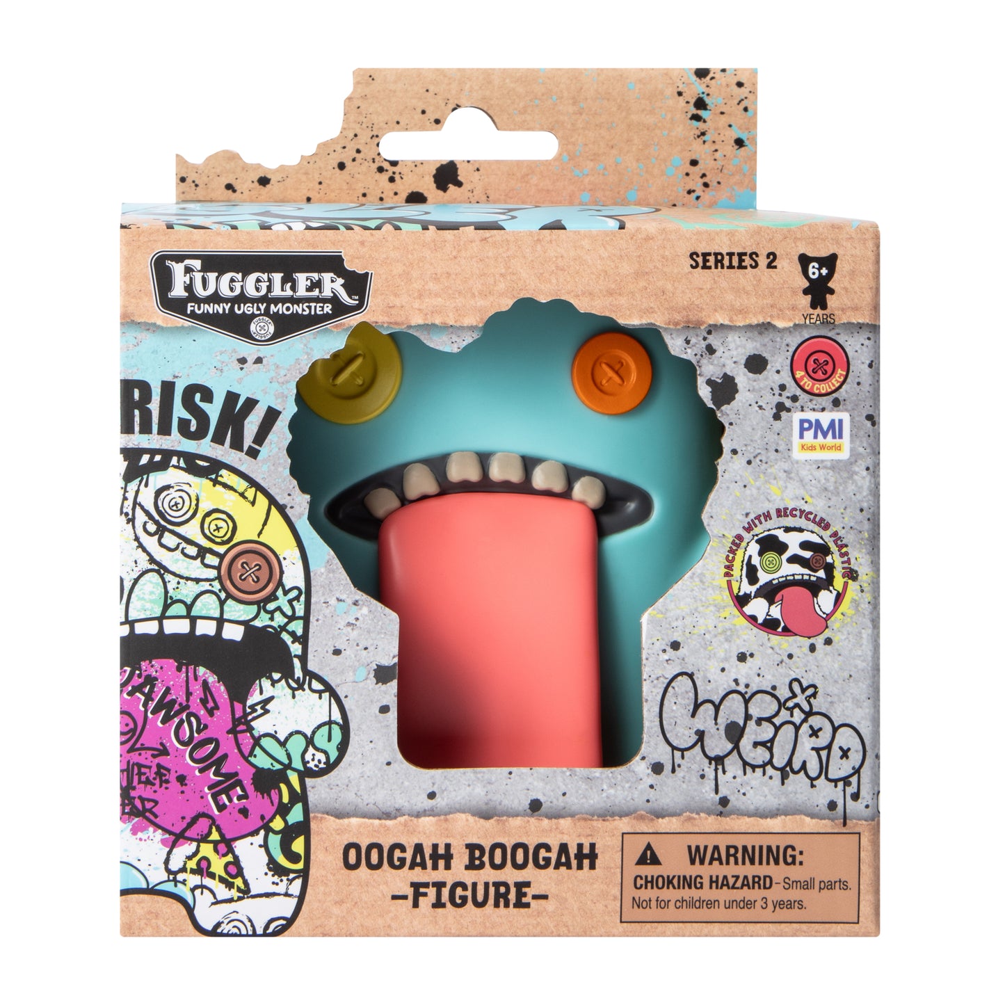 Fuggler Oogah Boogah 4.5-inch figure in Teal, featuring mismatched orange and yellow button eyes and a giant pink tongue.