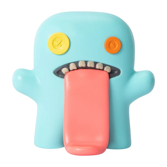 Fuggler Oogah Boogah 4.5-inch figure in Teal, featuring mismatched orange and yellow button eyes and a giant pink tongue.