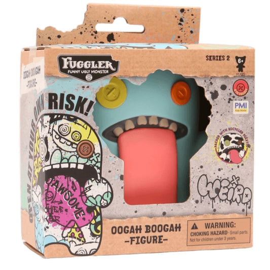 Fuggler Oogah Boogah 4.5-inch figure in Teal, featuring mismatched orange and yellow button eyes and a giant pink tongue.