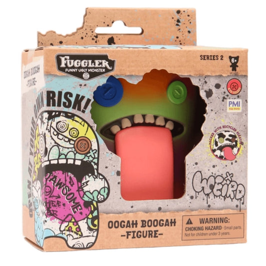 Fuggler Oogah Boogah 4.5-inch Series 2 figure with an orange and green toxic gradient body, blue button eyes, and a giant pink tongue.