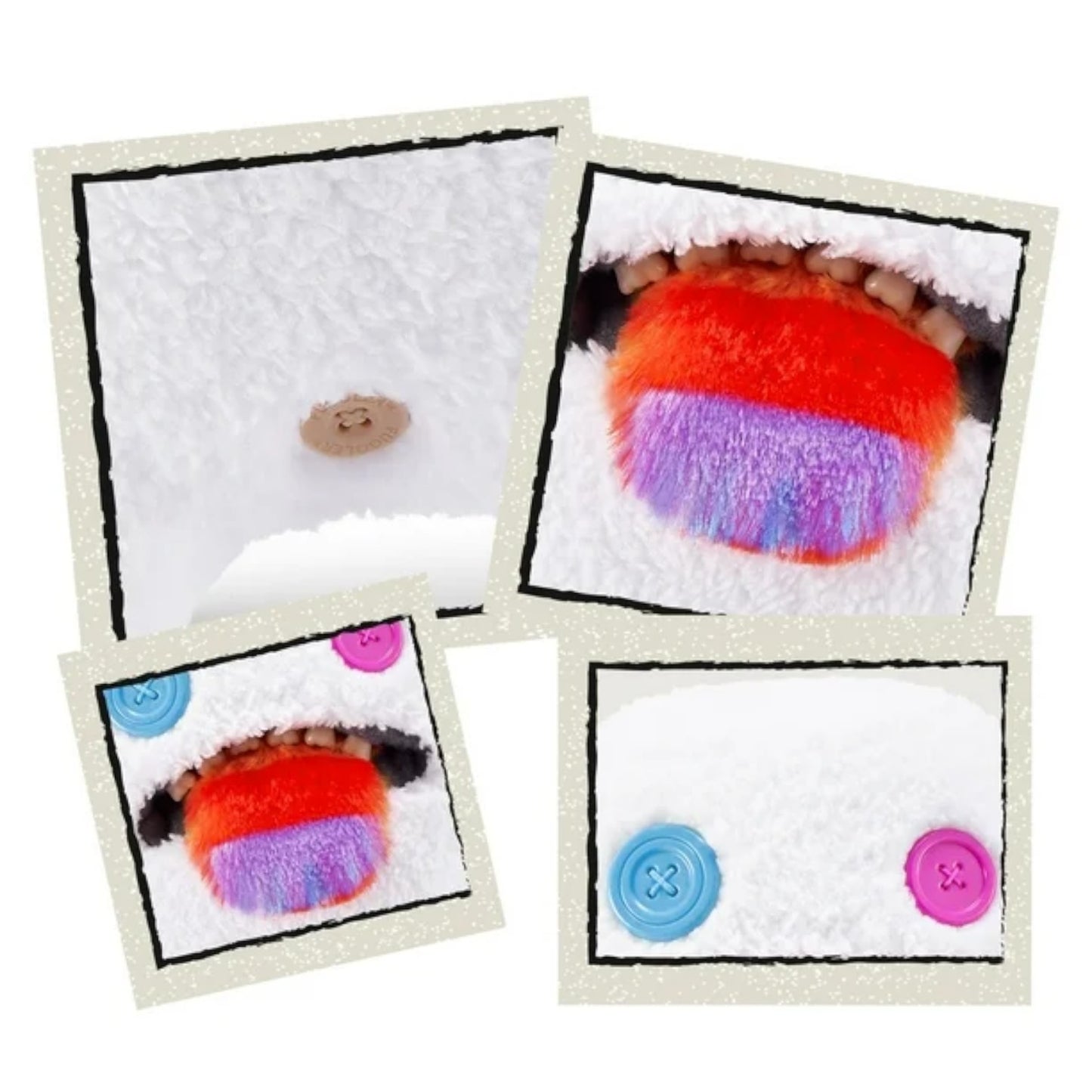 Collage of a Oogah Boogah Fuggler plush by ZURU with hairy tongue and teeth with colorful face and buttons on a textured white background
