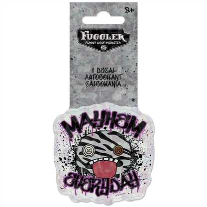 Officially licensed Fuggler single decal by Roomscapes featuring a zebra-striped monster with the text Mayhem Everyday.