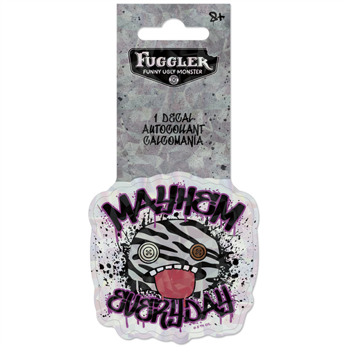 Officially licensed Fuggler single decal by Roomscapes featuring a zebra-striped monster with the text Mayhem Everyday.