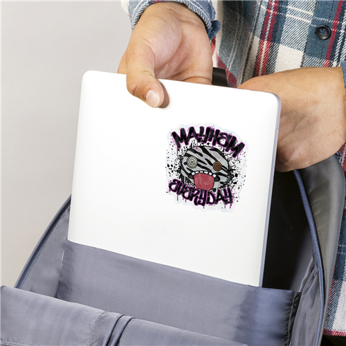 Officially licensed Fuggler single decal by Roomscapes featuring a zebra-striped monster with the text Mayhem Everyday.