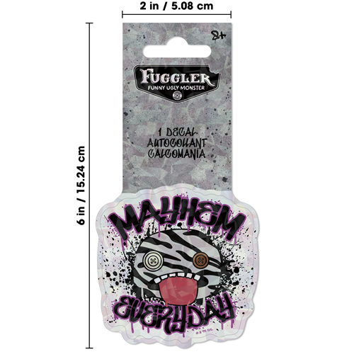 Sticker with 'Mayhem Everyday' design on a gray backing with Fuggler branding.