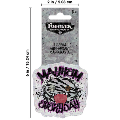 Sticker with 'Mayhem Everyday' design on a gray backing with Fuggler branding.