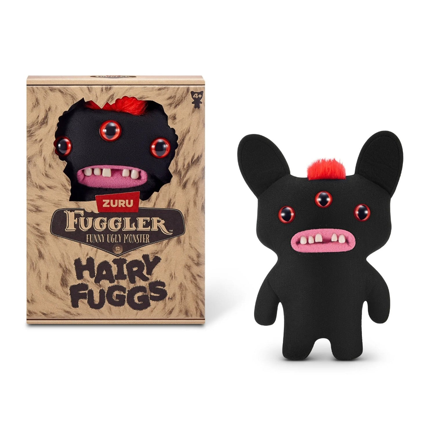 Hairy Fuggs Reeko Fuggler plush with black fur and red mohawk beside display box Zuru