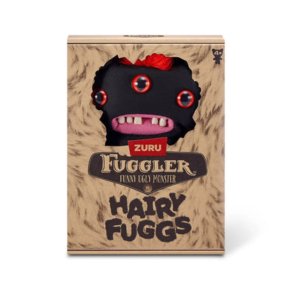 Hairy Fuggs Reeko Fuggler plush with black fur and red mohawk display box Zuru