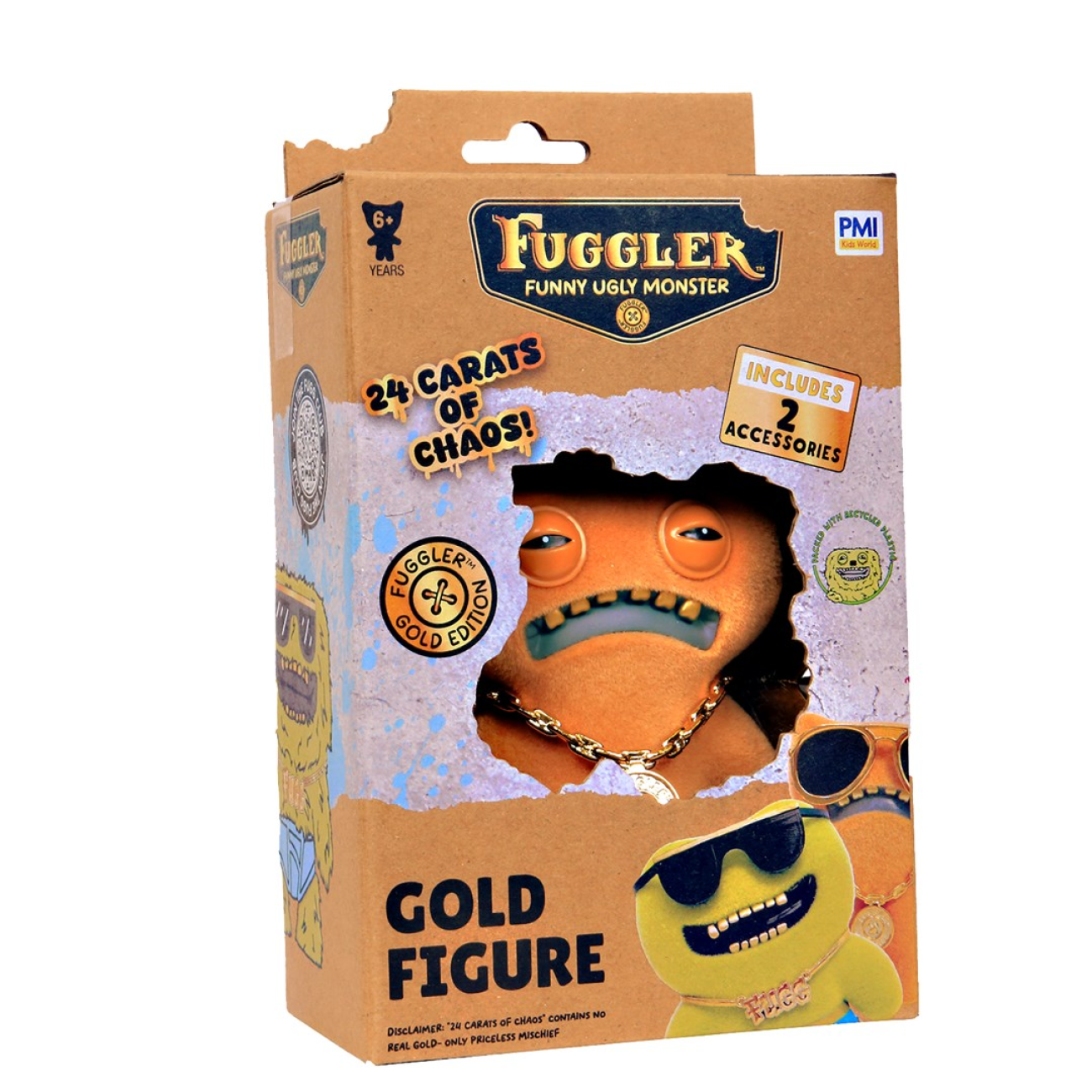 Fuggler Series 3 Gold Edition Gnawing Terror 4.5-inch tan flocked figure with gold aviator sunglasses and a gold medal chain accessory.