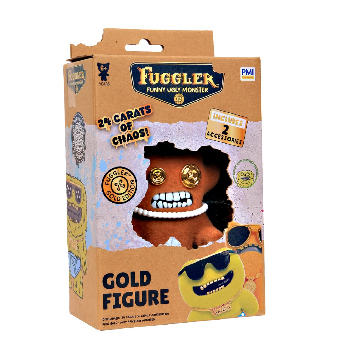 Fuggler Series 3 Gold Edition Grump Grumps 4.5-inch brown flocked figure with gold button eyes holding a gold bar accessory.