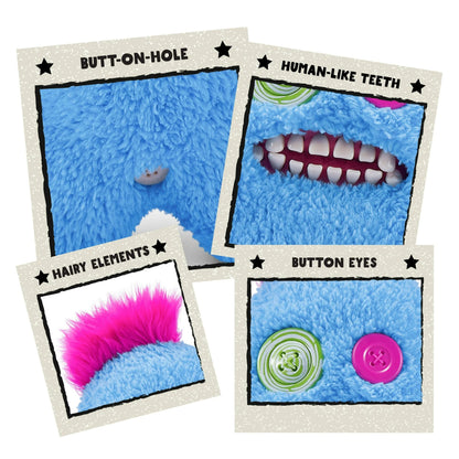 Hairy Fuggs Sasquoosh Fuggler plush with vibrant blue fur and pink tuft close up