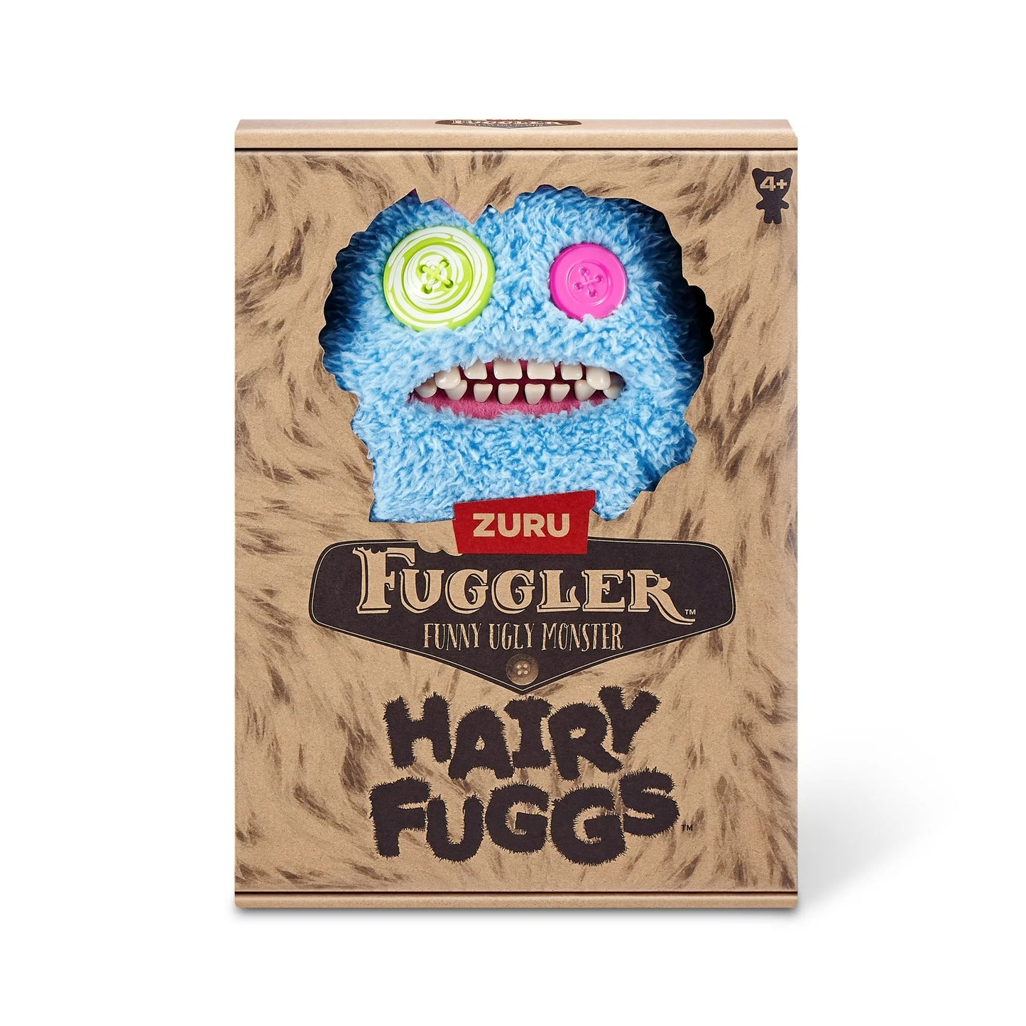 Hairy Fuggs Sasquoosh Fuggler plush with vibrant blue fur and pink tuft in display box