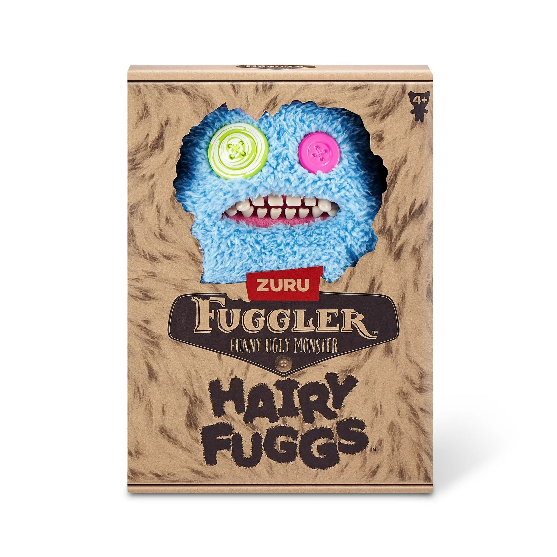 Hairy Fuggs Sasquoosh Fuggler plush with vibrant blue fur and pink tuft in display box