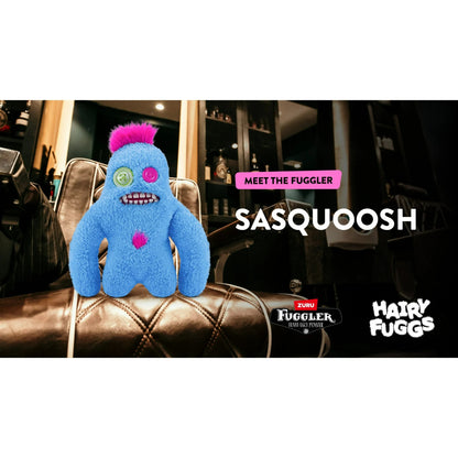 Hairy Fuggs Sasquoosh Fuggler plush with vibrant blue fur and pink tuft marketing by Zuru