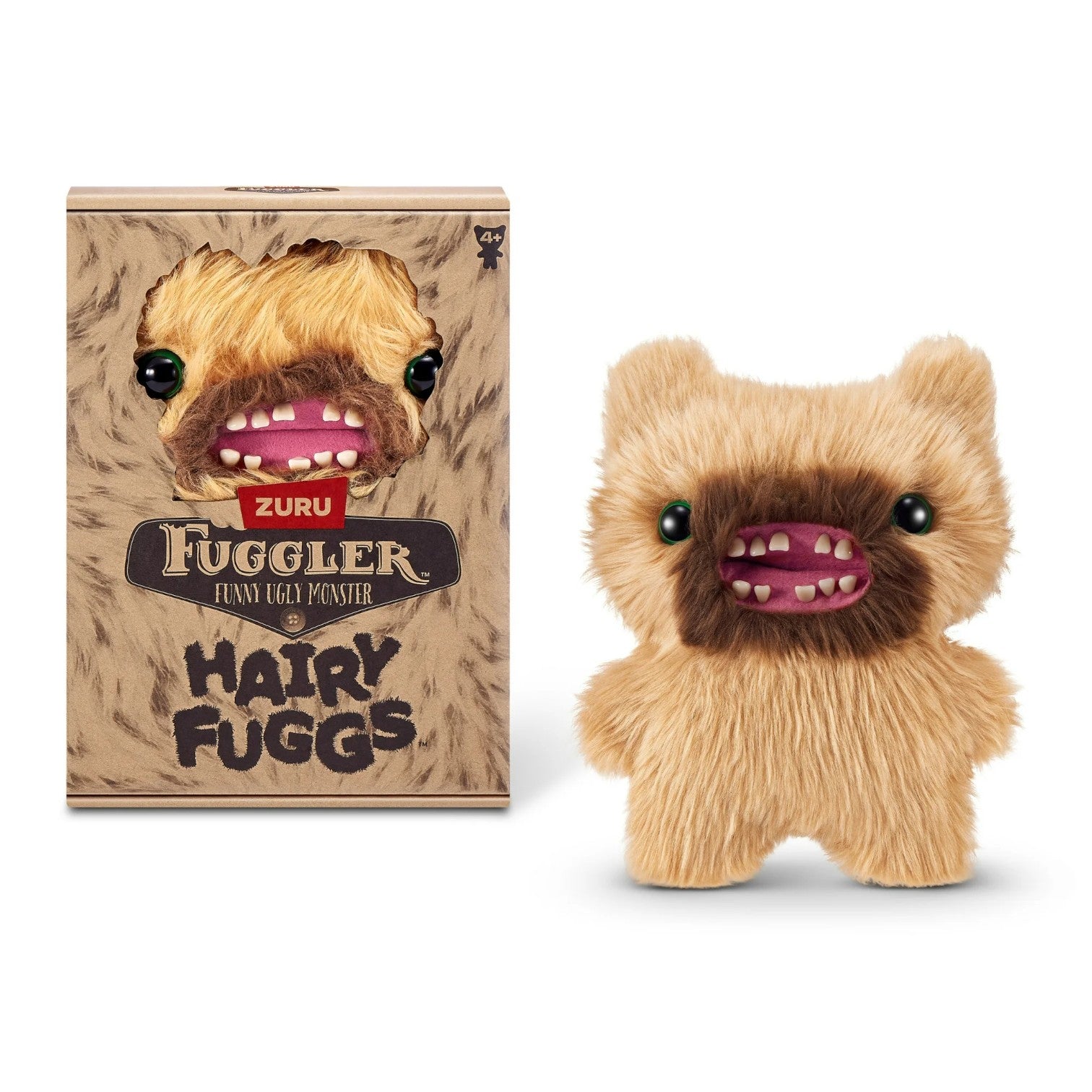 Hairy Fuggs Screech Fuggler plush with tan fur and quirky beard beside display box