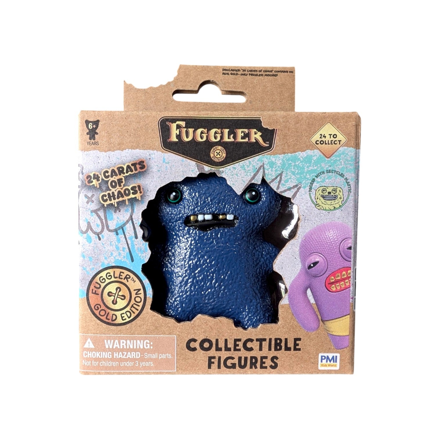 Fuggler Series 3 Gold Edition Gaptooth McGoo Blue vinyl figure featuring a textured blue body and a gap-toothed smile in a 24 Carats of Chaos window box.