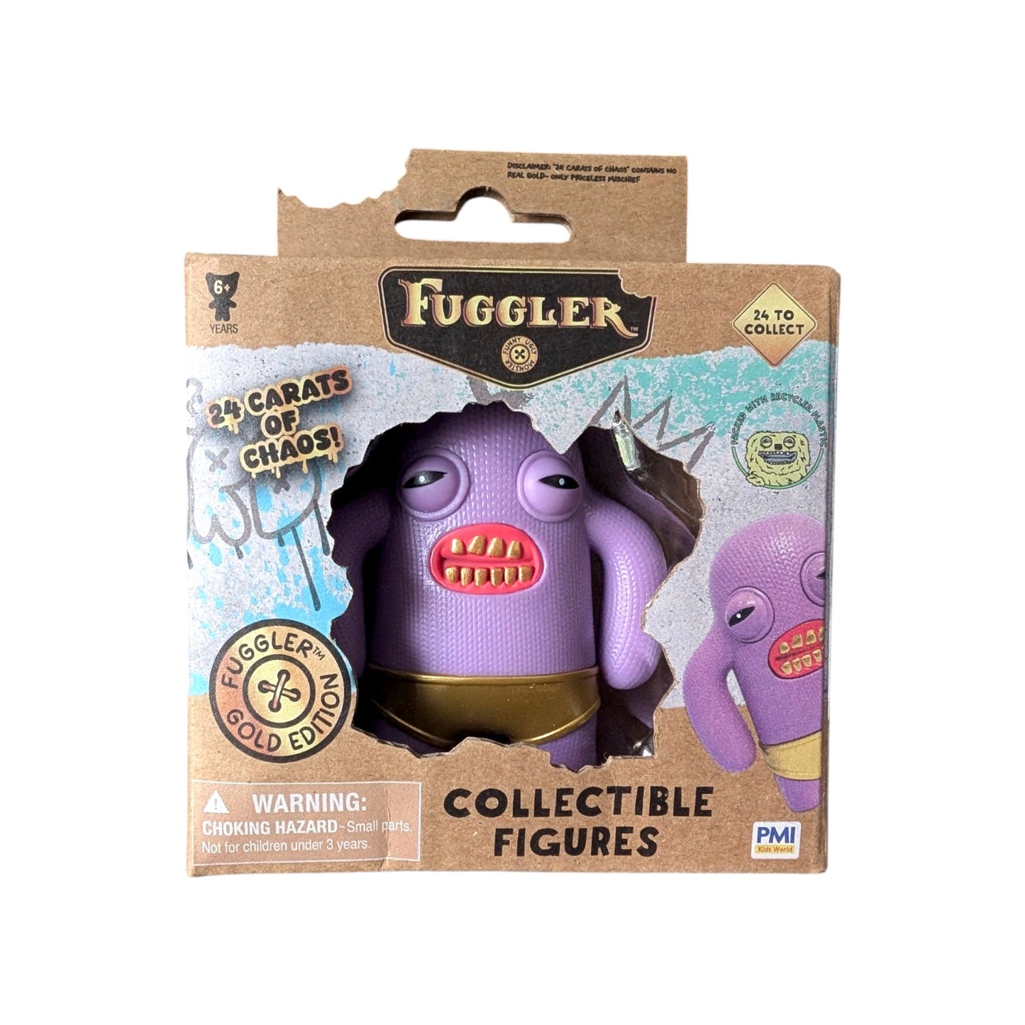 Fuggler Series 3 Gold Edition Mr Needles vinyl figure featuring a purple body, gold teeth, and gold underwear in a 24 Carats of Chaos window box.