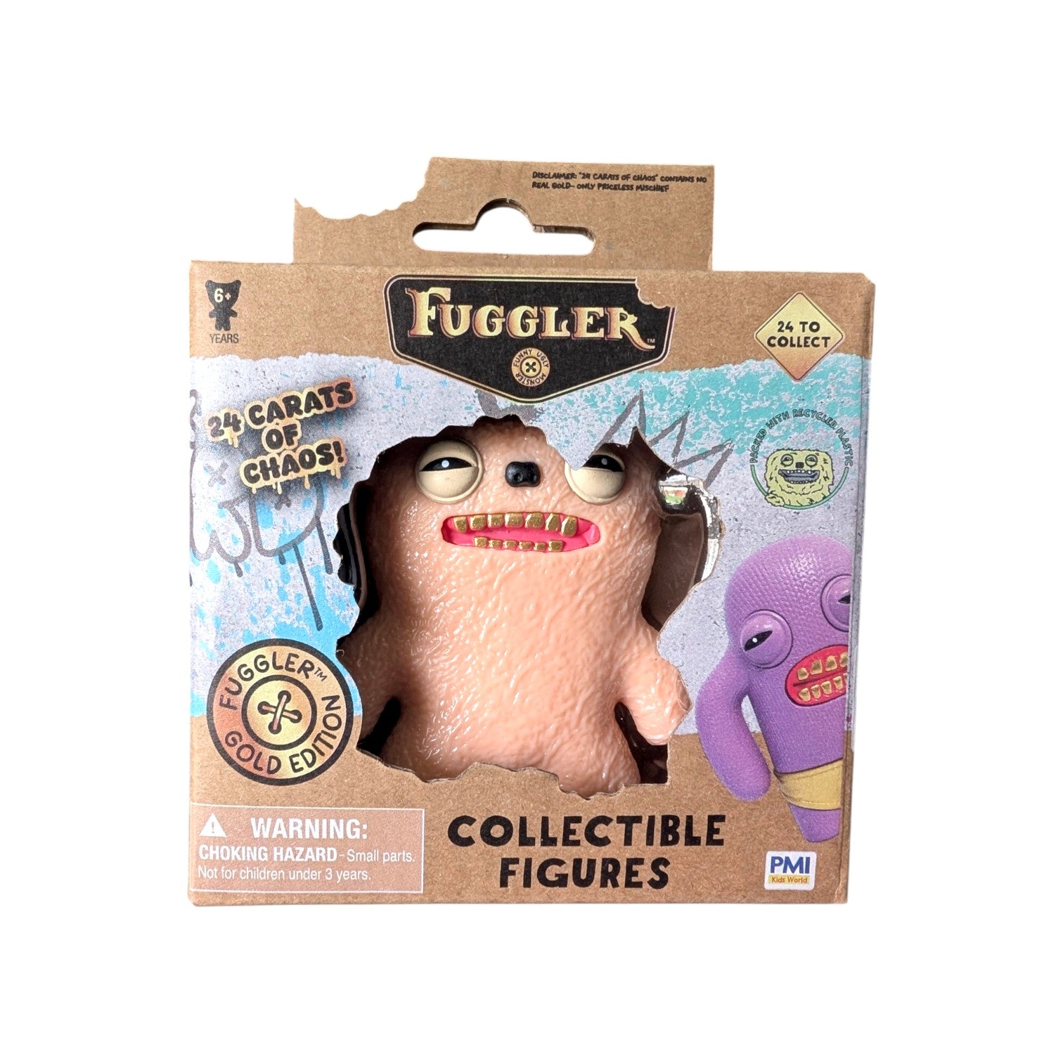 Fuggler Series 3 Gold Edition Old Tooth Cream vinyl figure featuring a textured cream body, half-closed eyes, and gold teeth in a 24 Carats of Chaos window box.