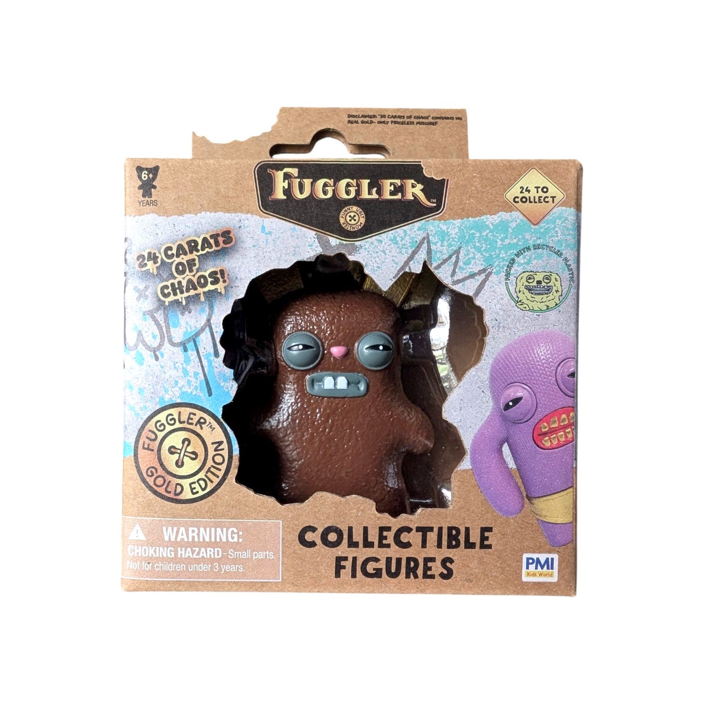 Fuggler Series 3 Gold Edition Rabid Rabbit Brown vinyl figure featuring a textured brown body, pink nose, and buck teeth in a 24 Carats of Chaos window box.