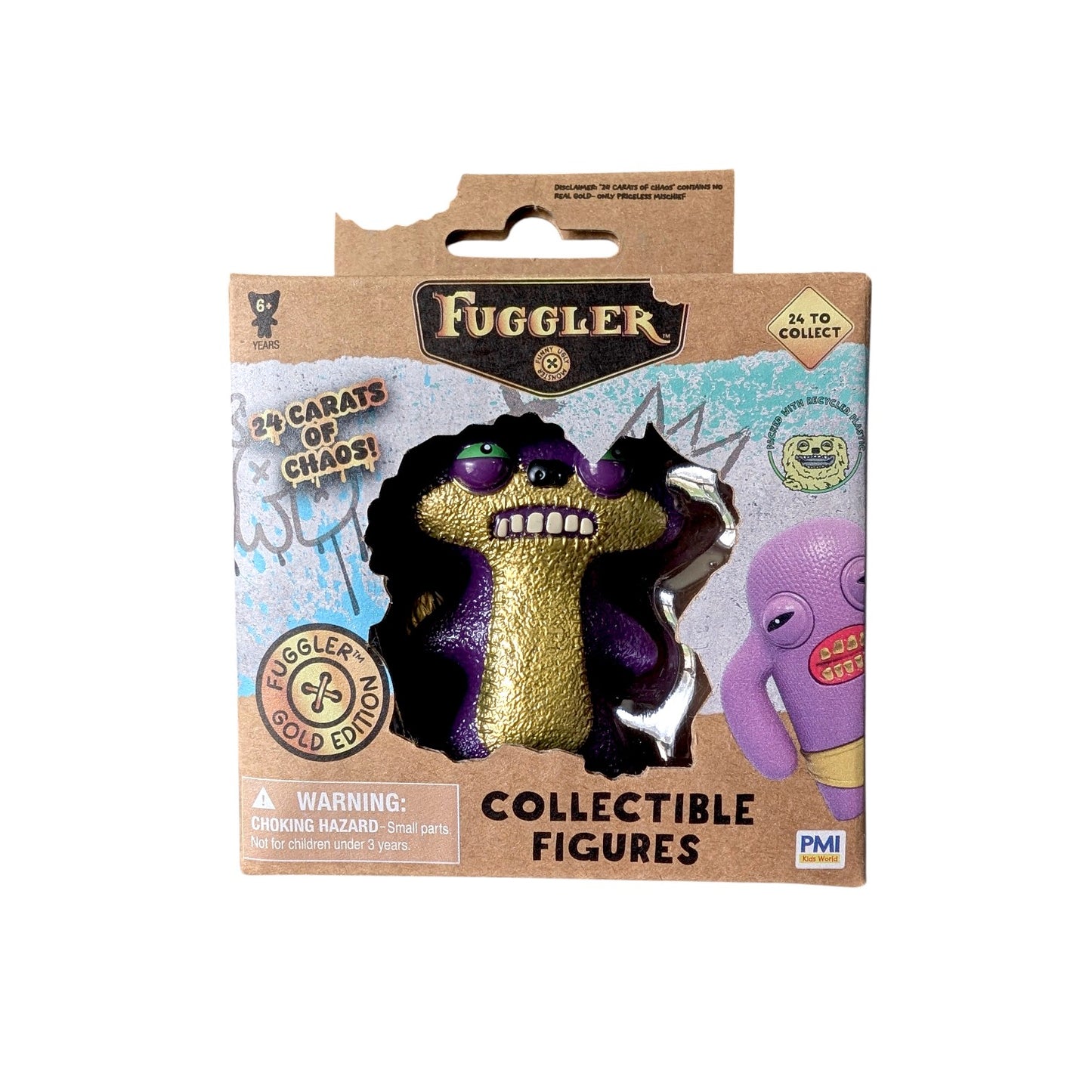 Fuggler Series 3 Gold Edition Suspicious Fox Purple vinyl figure featuring a textured purple body, gold chest, and white teeth in a 24 Carats of Chaos window box.
