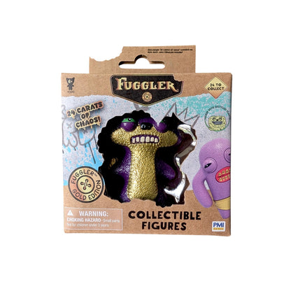 Fuggler Series 3 Gold Edition Suspicious Fox Purple vinyl figure featuring a textured purple body, gold chest, and white teeth in a 24 Carats of Chaos window box.