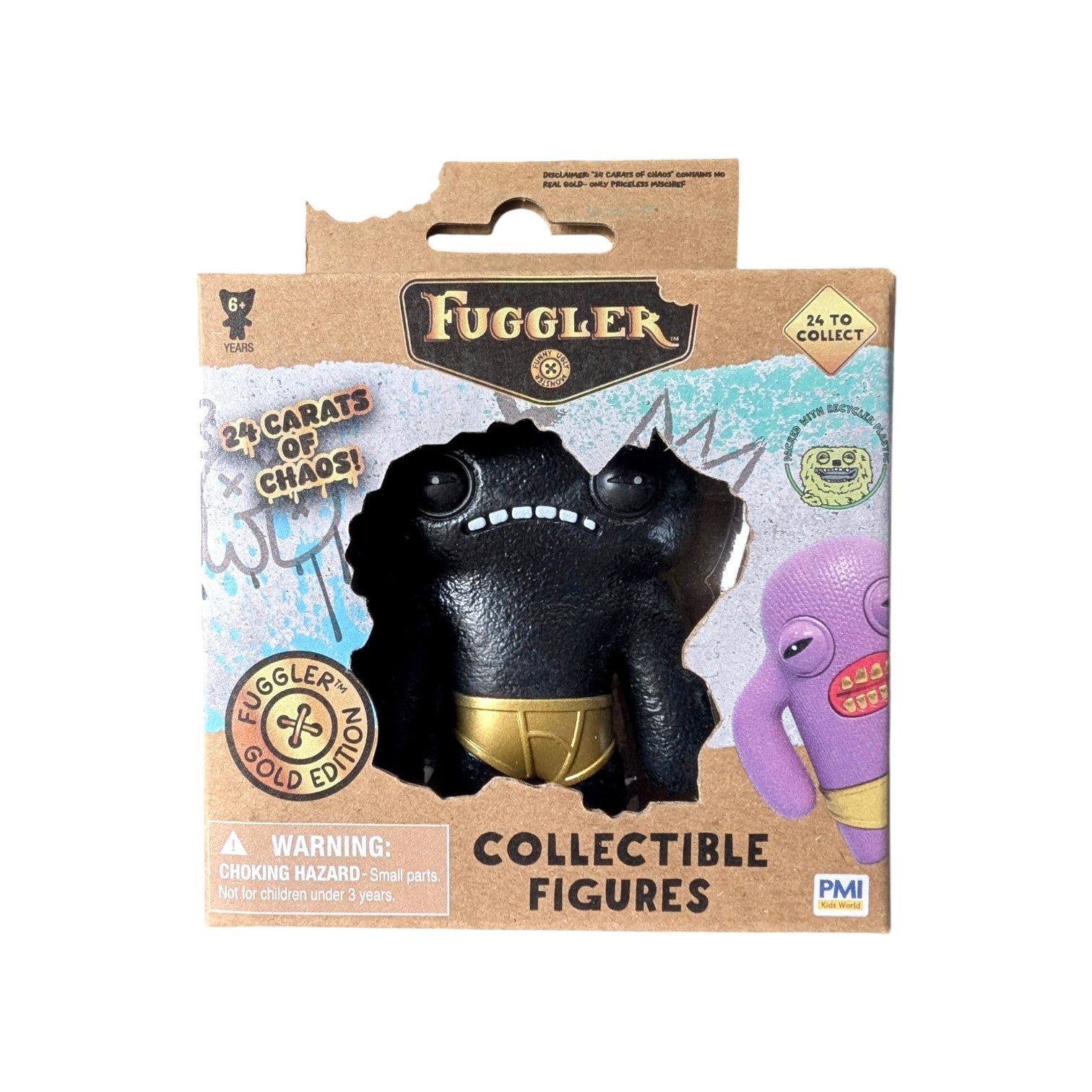 Fuggler Series 3 Gold Edition Wide Eyed Weirdo vinyl figure featuring a textured black body, wide-set eyes, and gold underwear in a 24 Carats of Chaos window box.